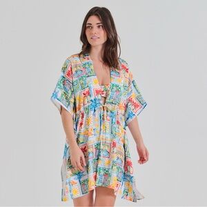 Freshwater Tie Front Floral Print Swim Cover-Up Caftan Tunic